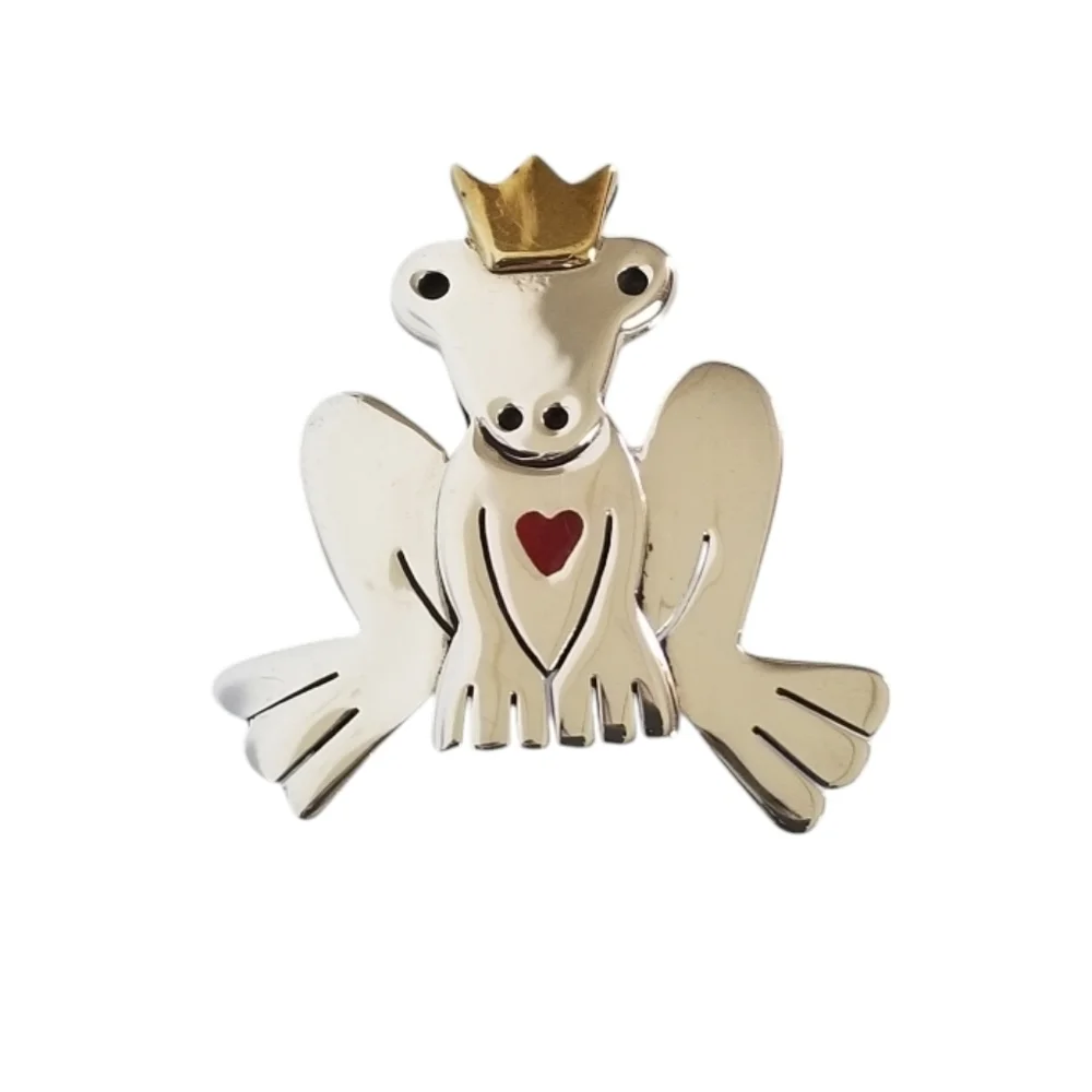 Vintage A&J Harvey Sterling Silver Frog Prince Brooch Brass Crown Enameled Heart